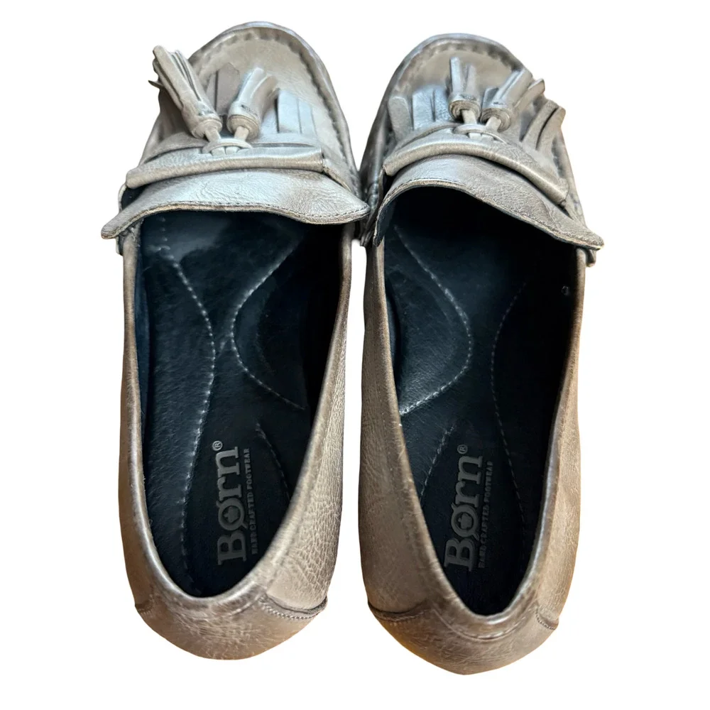 Born Charen Womens Taupe Tassel Leather Slip On Flats Loafers Casual Shoes sz 7